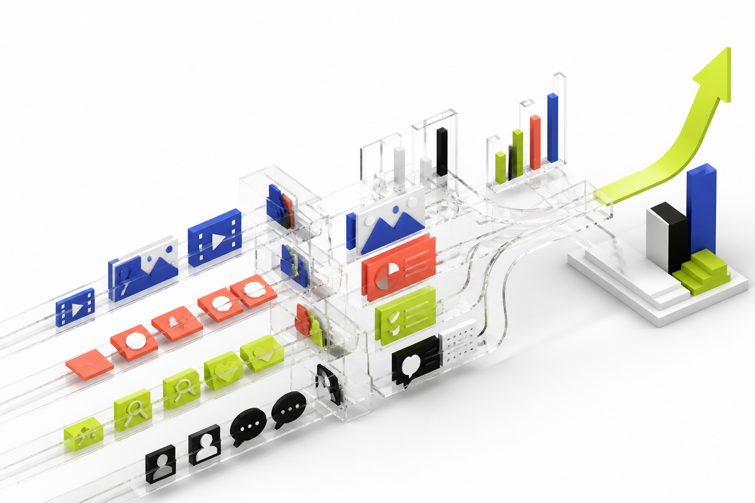 Campaign, creative, and analytics signals flowing into an ordered growth system